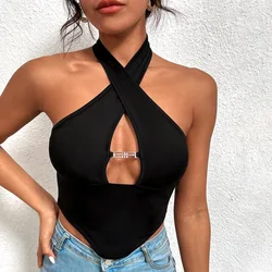Sexy Off Shoulder Cross Bandage Hollow Out Halter Crop Tops Women Tank Top Sleeveless Cropped Vest Camisole Tube Top Female