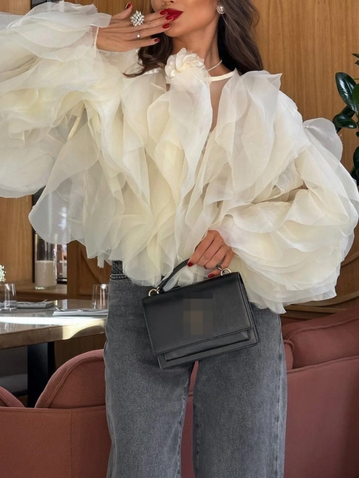 

Women's round Ne Long Sve Ruffled irt Faionable Top Layered Hemline Button-Up Loose Fit Classic Color