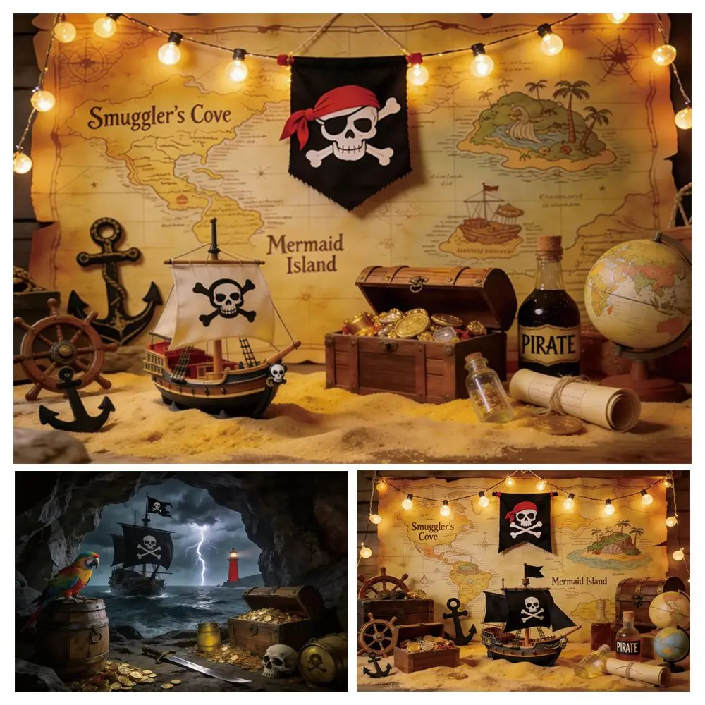 

Pirate Themed Party Backdrop Vintage Map Pirate Ship Treasure Chest Baby Kids Birthday Party Decor Photography Background Banner
