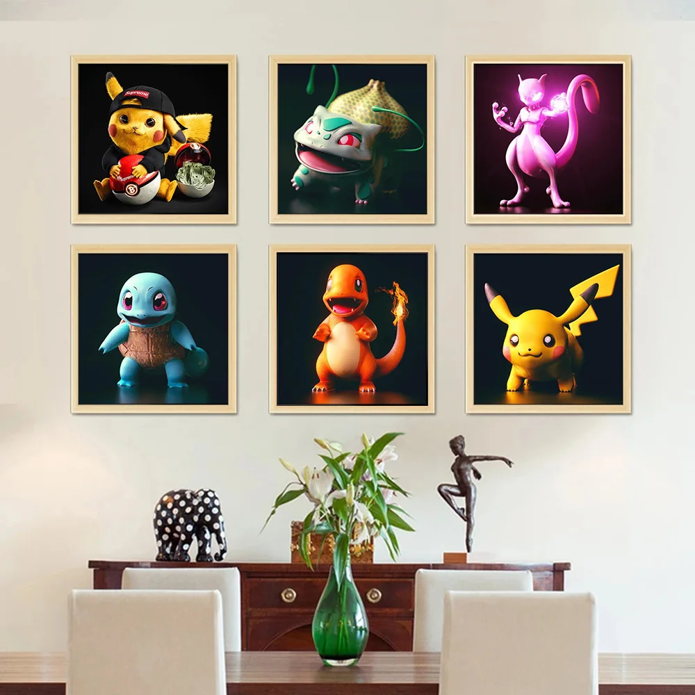 Pokémon Print Pikachu Small Fire Dragon Jenny Turtle Mew-two Frog Seeds Square Pokemon Poster Cartoon Children's Room Decoration