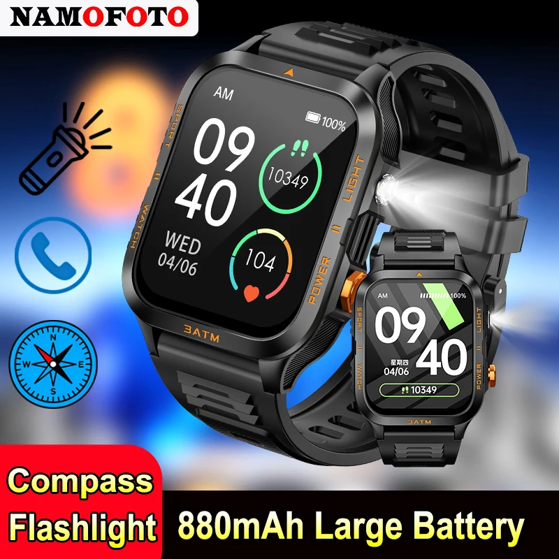

NAMOFOTO New Smartwatch Men Military Outdoor 880mAh Battery Watches Life Waterproof Swim 1.96-inch HD Bluetooth Call Smart Watch