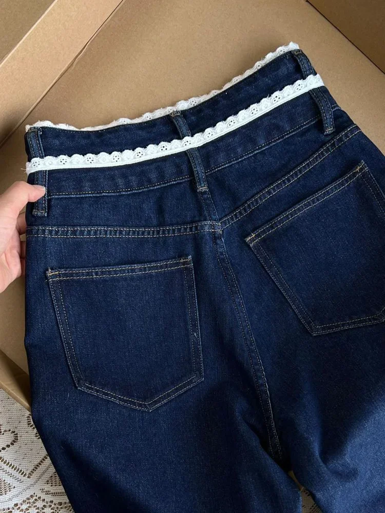 جينز نسائي خريفي موديل 2025 عتيق بالدانتيل الأزرق Y2K جينز نسائي عالي الخصر فضفاض وواسع الساق من قماش الدنيم بنطلون مستقيم غير رسمي