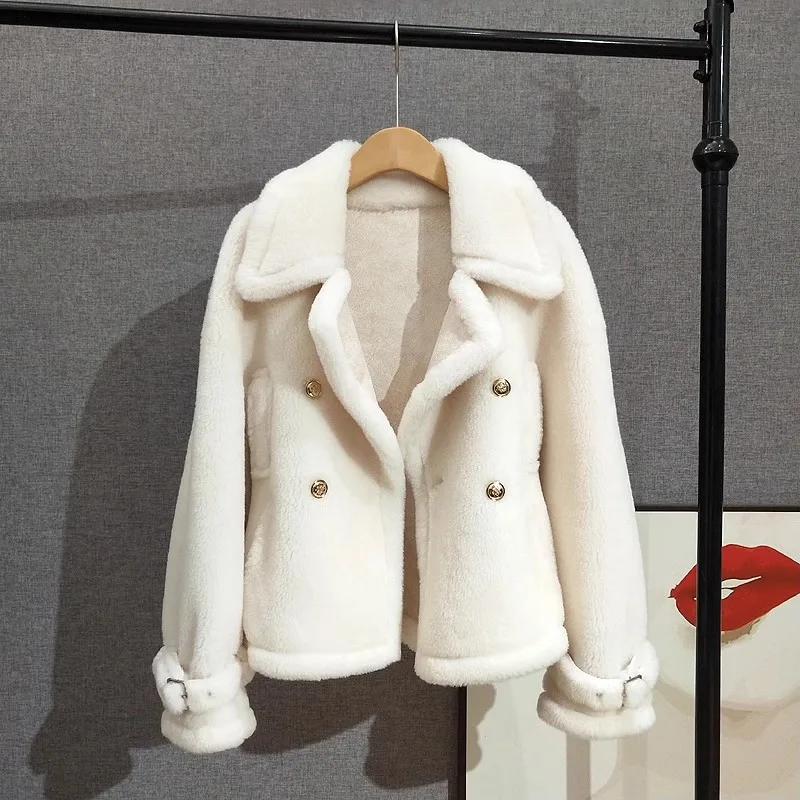 Veste d'hiver en fourrure de mouton trempé pour femme, double boutonnage, manteau court chaud, parka femme, col en laine véritable, PT415