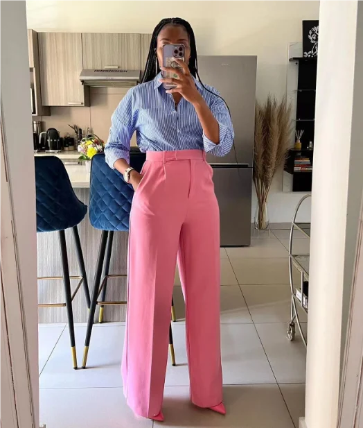 2024 Casual Wide Leg Straight Pants Women Plain Color Bodycon Pocket Office Pants Female Loose Fit Midi Waist Trousers