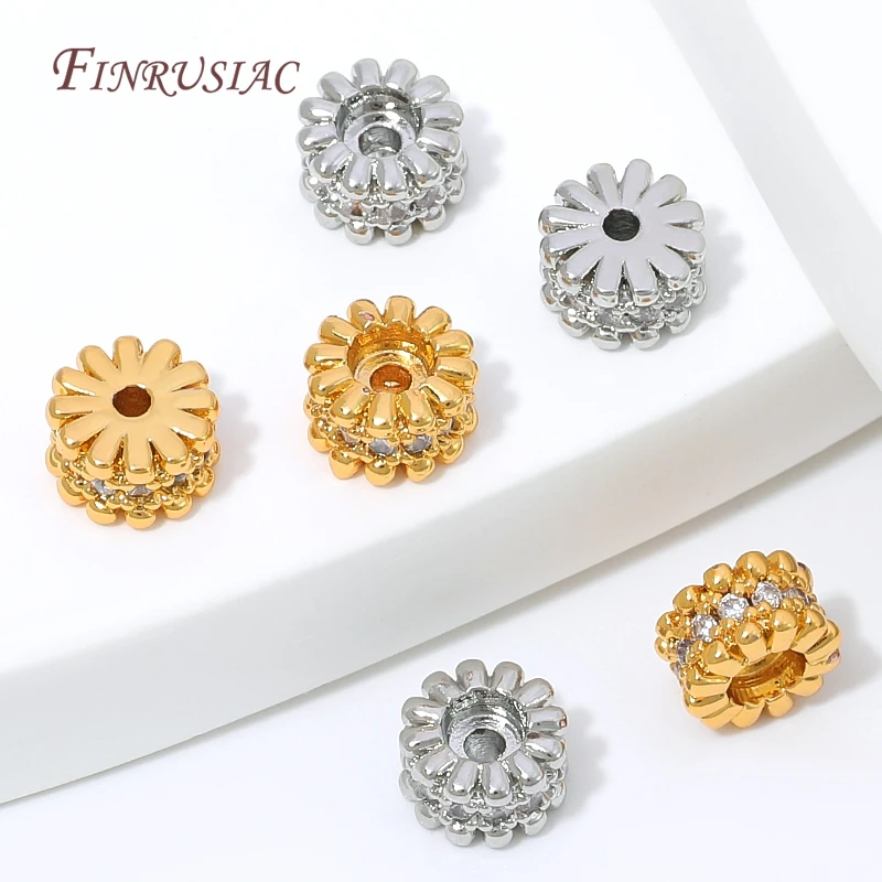 18K Gold Plated Flower Spacer Beads Micro Pave Zircon Round Beads For DIY Pearl Bracelet Necklace Jewelry Making Accessories