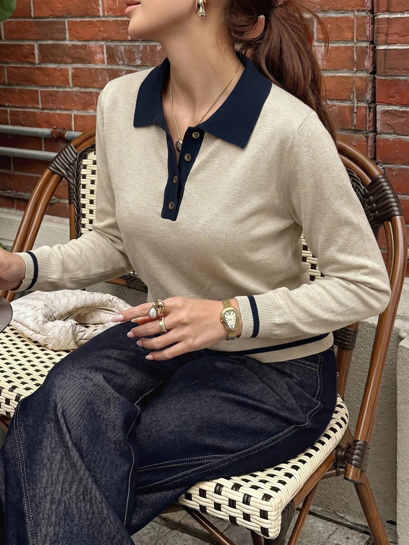 GG Korean Style Color Block Polo Neck Knitwear Women's Slim Fit Long Sleeve Base Shirt Autumn Winter Fashion Casual Top 3