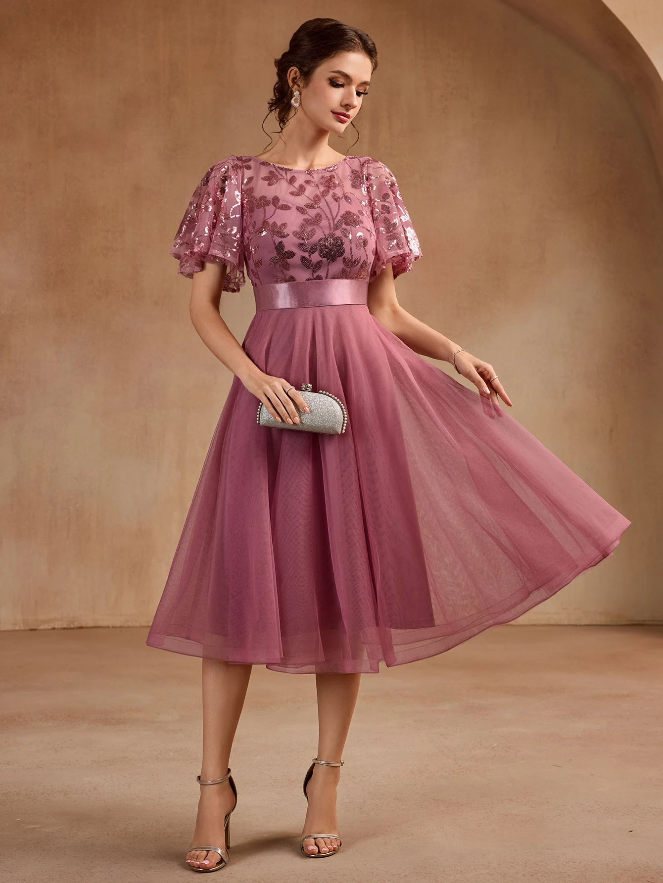 2025 جديد قصير الأكمام س الرقبة ثوب مسائي الدانتيل التطريز فستان خادمات الزفاف ألف خط الكرة ثوب حفلة عيد ميلاد فستان #6