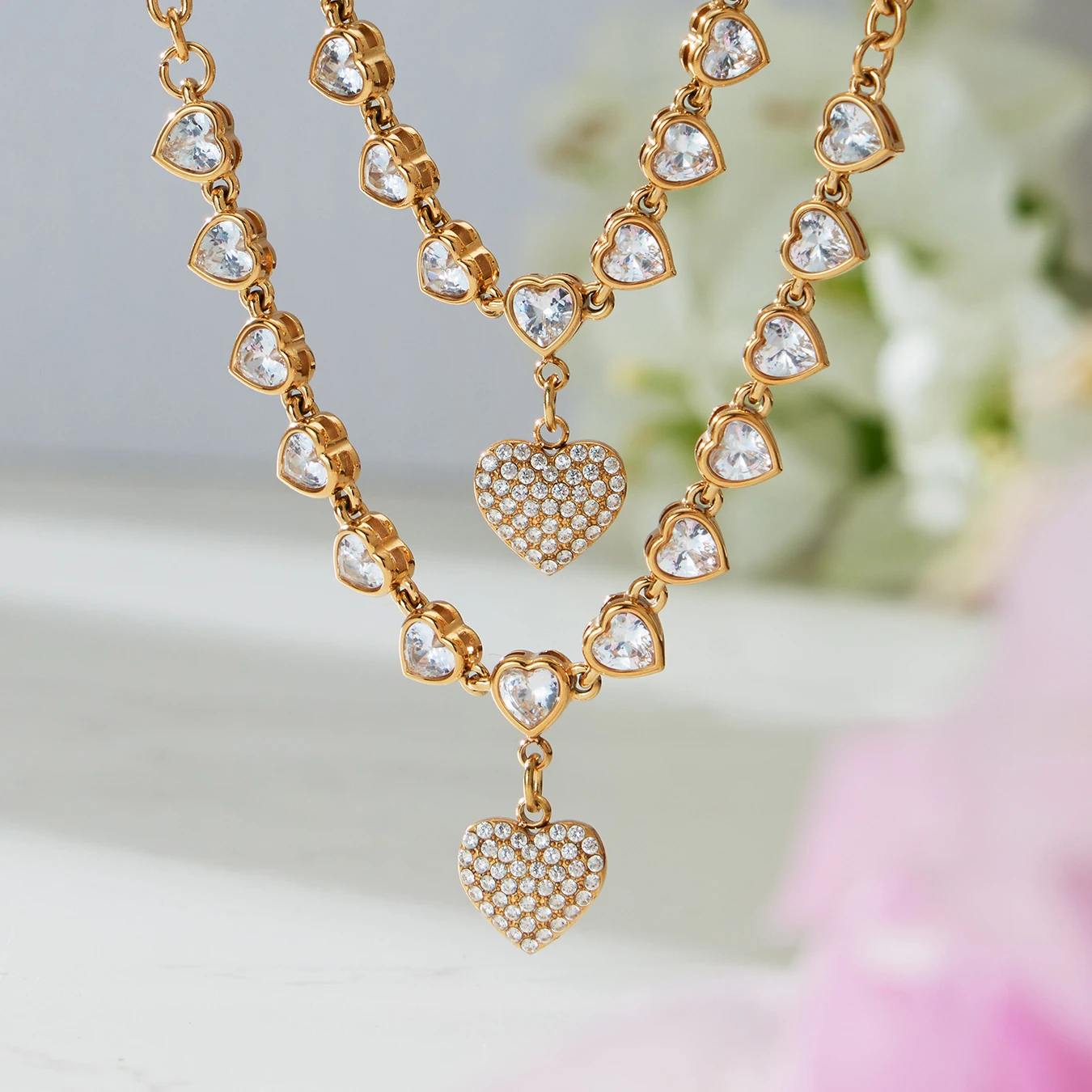 Goldene Silber Edelstahl Kette Halskette frauen Vergoldet Glänzenden Zirkon Herz Anhänger Halskette Femme Wasserdicht Schmuck – Detail 7