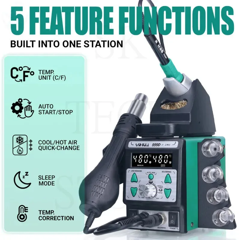 YIHUA 899D-II One Button Turns Hot to Cool Air New Upgraded Nozzle Easy Plug-pull 2 IN 1 Hot Air Rework Soldering Iron Station