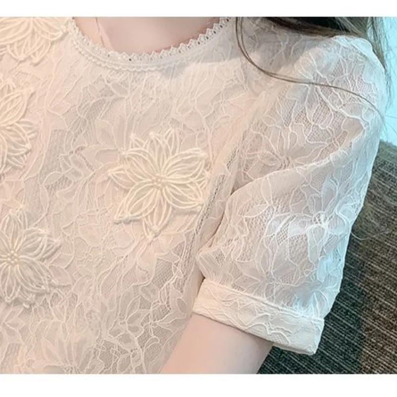 Summer Round Neck Women\'s Solid Color Plant&Flowers Embroidered Chiffon Pullover Short Sleeve T-shirt Elegant Clothing Tops