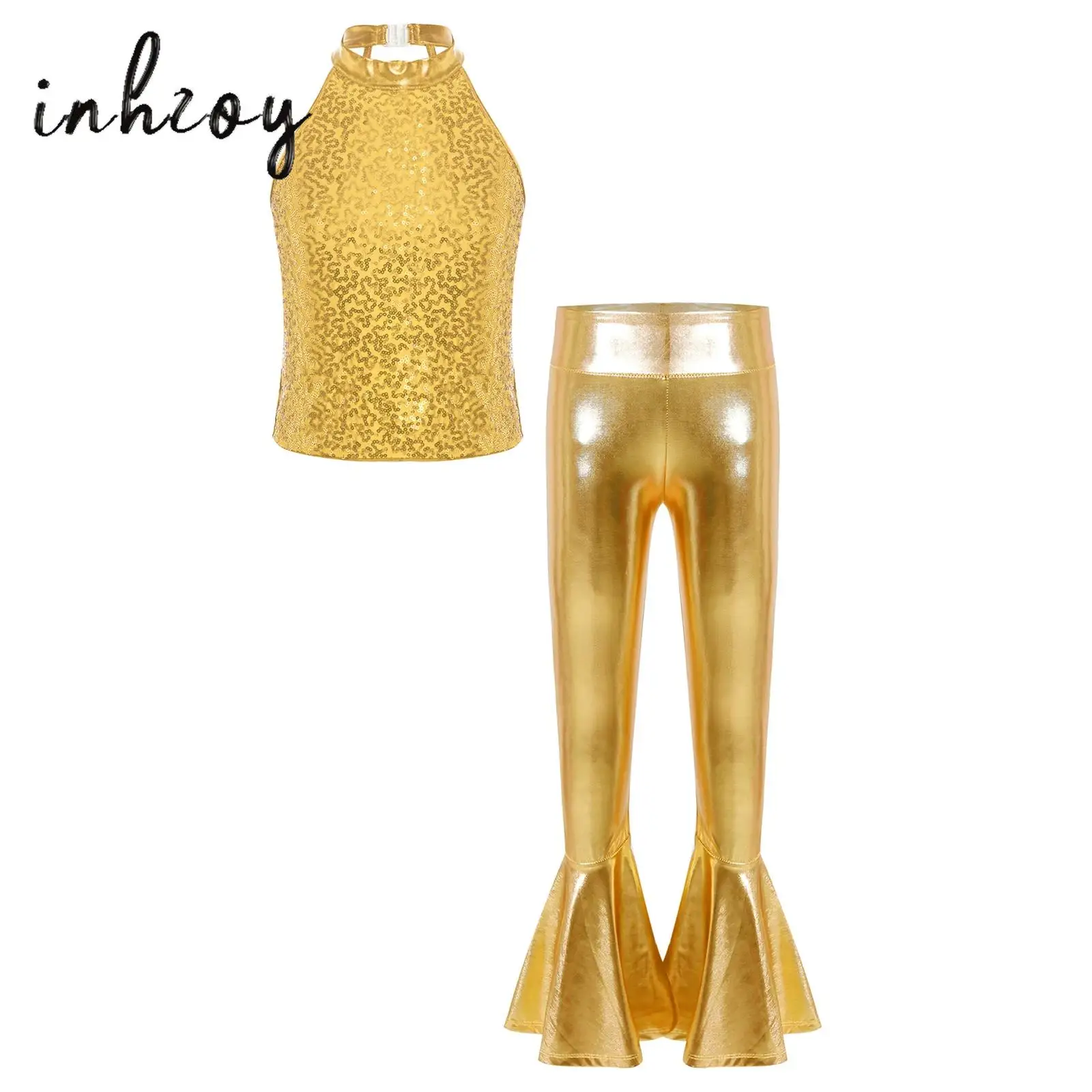

2Pcs Kids Girls Jazz Dance Outfit Sleeveless Sparkling Sequin Halter Crop Top+Ruffle Hem Bell-bottom Metallic Pants Streetwear