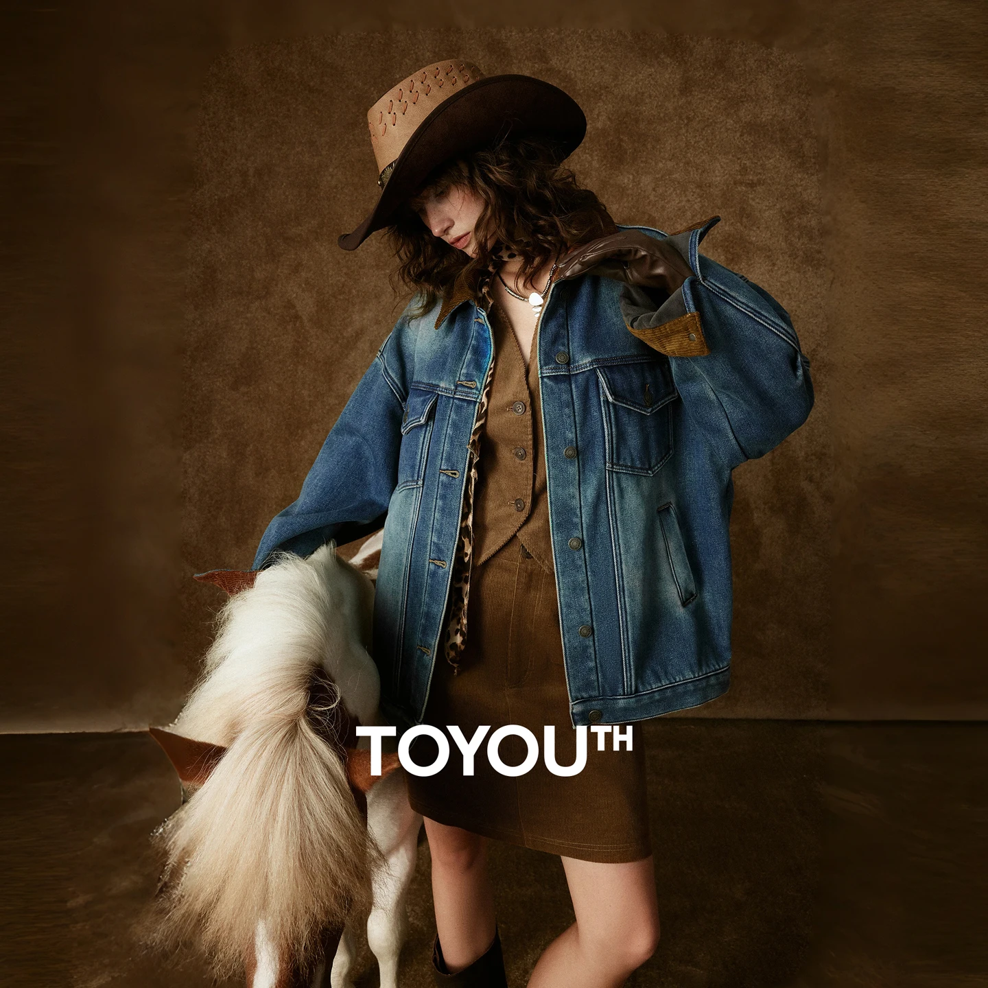 

TOYOUTH Women's Fleece-Lined Denim Jacket 2025 Winter New Colorblock Lapel Nomadic Style Jacket