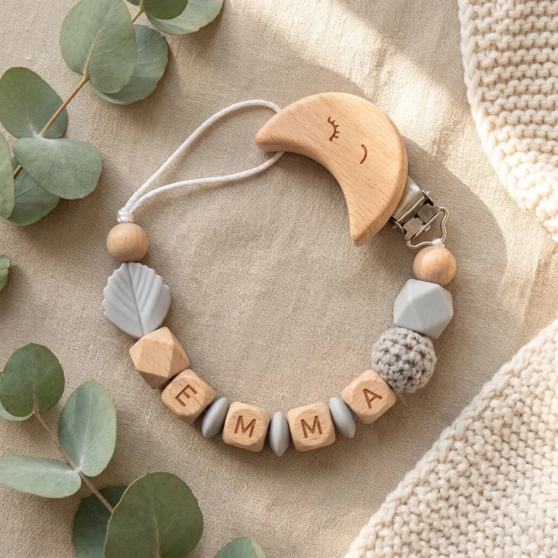 Gepersonaliseerde fopspeenclip met aangepaste naam, siliconen houten kralen, baby-bijtringketting, fopspeenhouder, BPA-vrij, kraamcadeau voor pasgeborenen