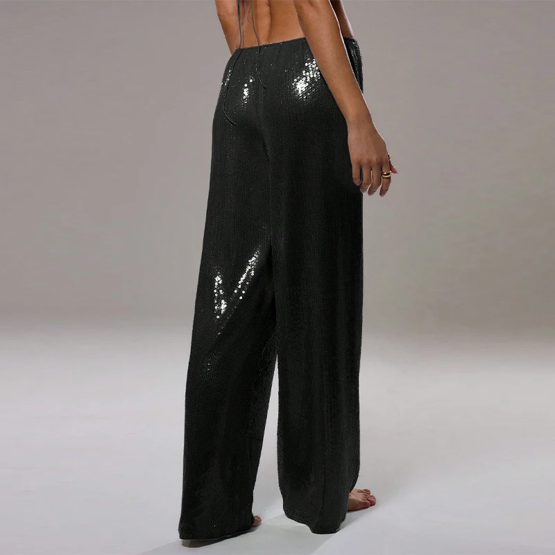 Street Women's Sequin Lace Up Pants Elastic Low Waist Wide Leg Female Trousers 2026 Spring Summer Lady Shiny Party Chic Pants