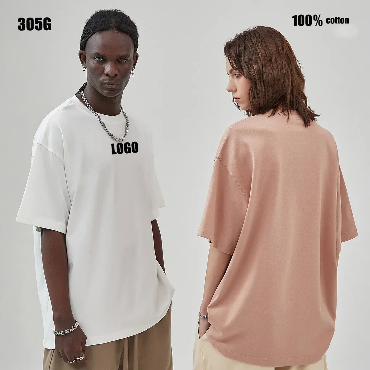 Custom LOGO men's and women's clothing 305G spring and summer casual loose 100% cotton short-sleeved t-shirt couple top