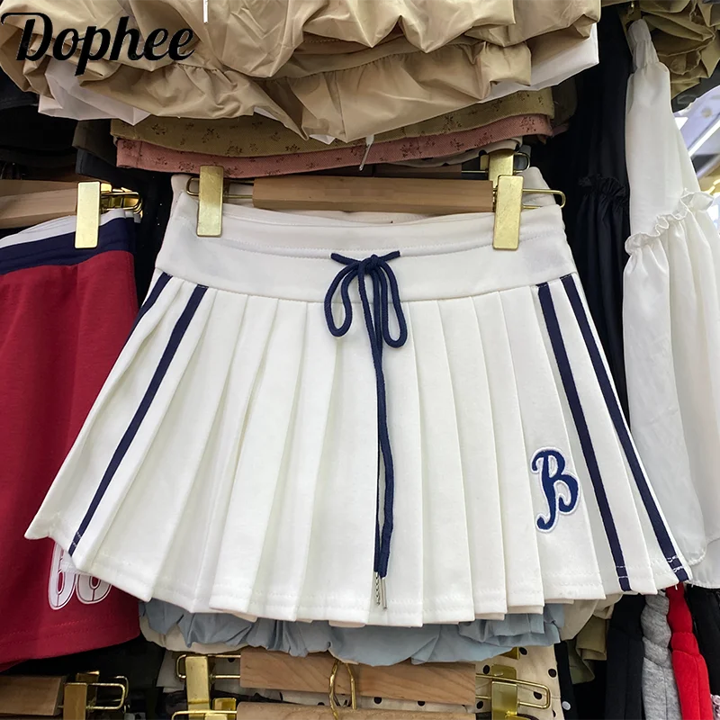 Dophee College Style Embroidery Pleated Skirt Spring Summer Colorblock Stripes Drawstring High Waist School Students Mini Skirts