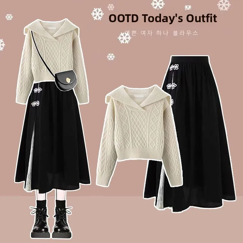 

Faionable Knitted Navy Collar Set Women's Autumn Winter New Sle Korean Version High Waist Midi Skirt Tee Piece Suit