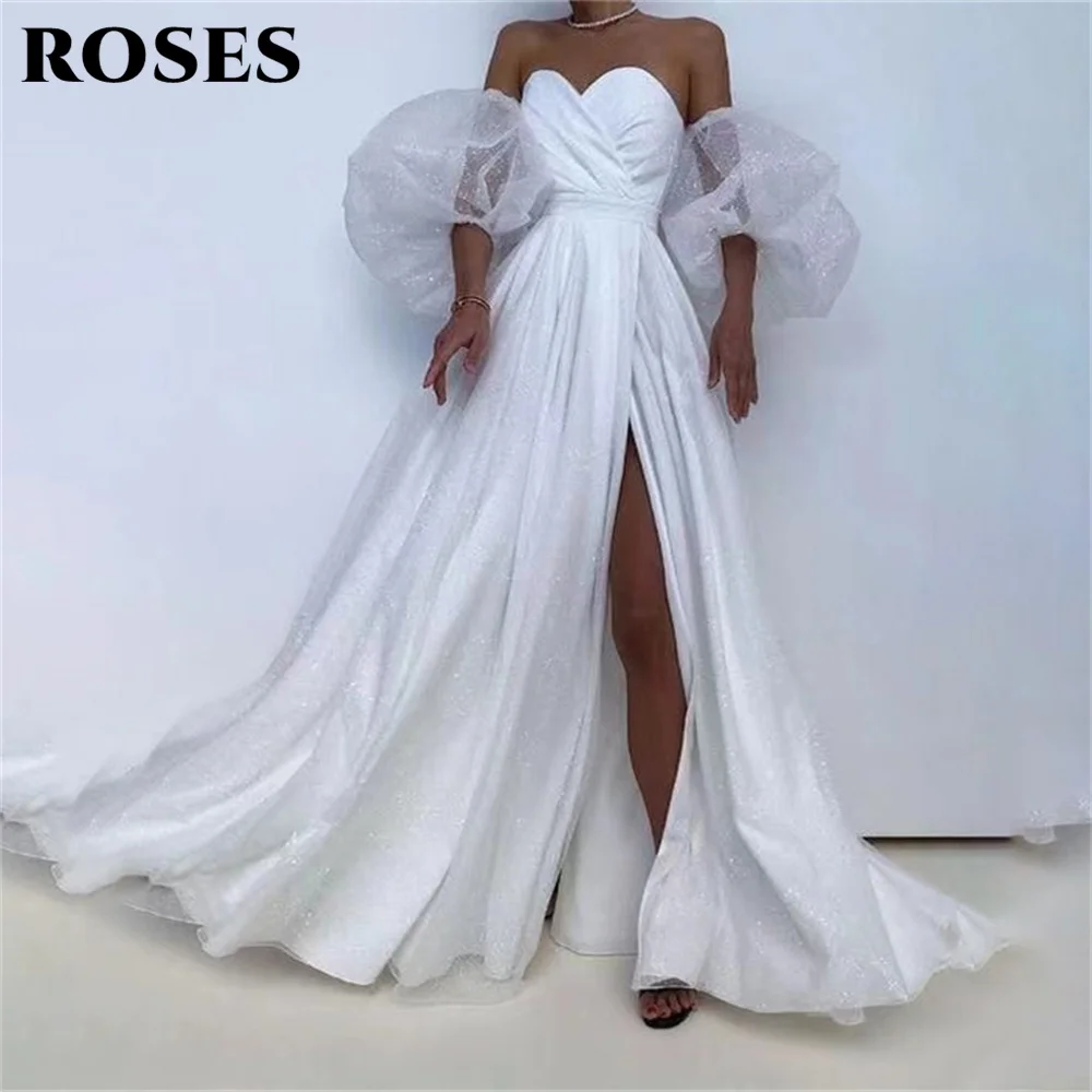 ROSES Off Shoulder Long Party Dresses Vintage Puffy Sleeves Night Dresses Shiny Celebrity Dresses High Slit vestidos de fiesta