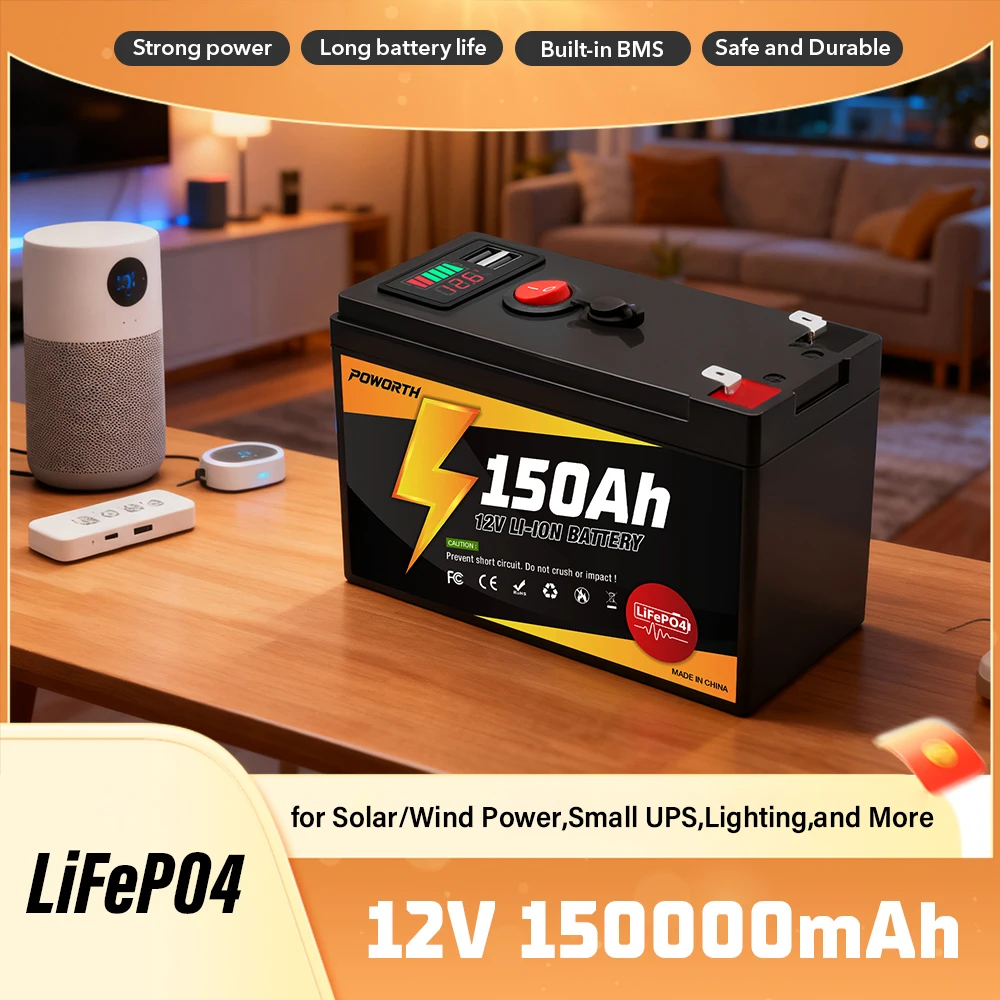 

12V 150000mAh Lithium Deep Cycle LiFePO4 Battery, 4000+ Cycles Rechargeable Battery for Solar/Wind Power,Small UPS,Lighting