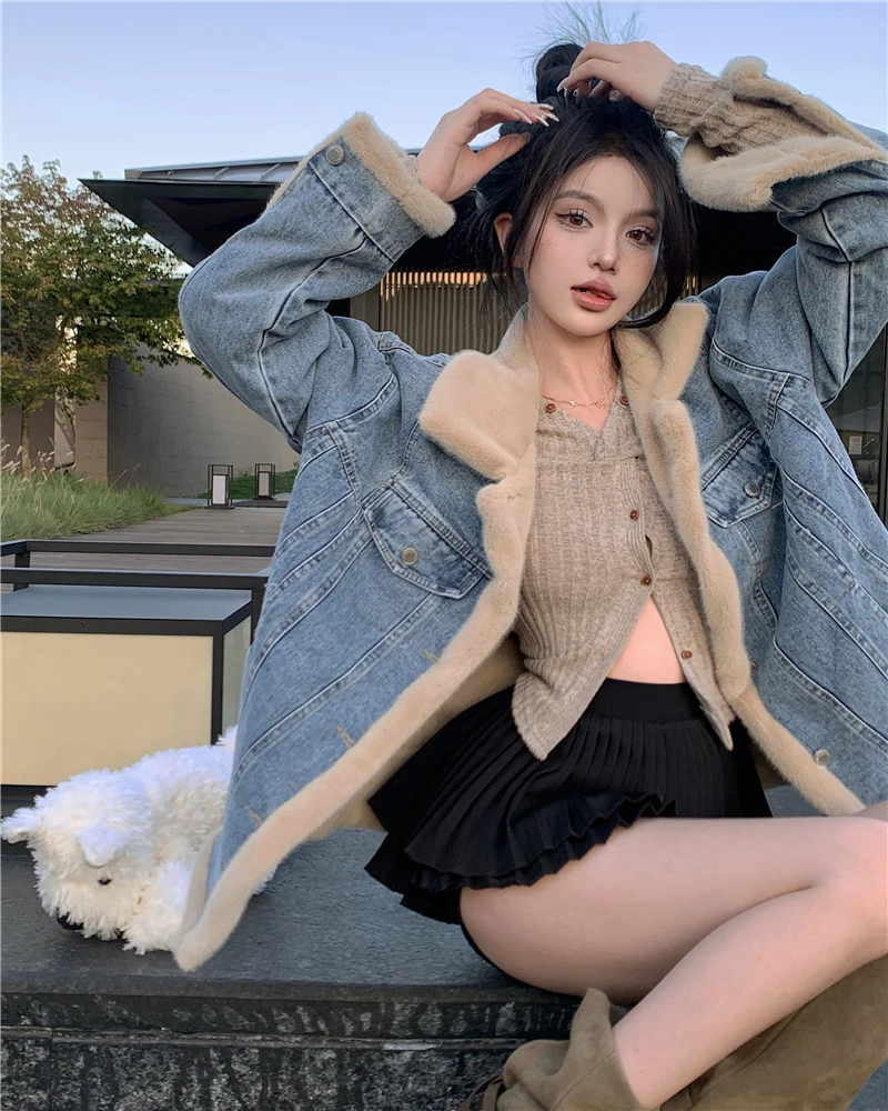 

Denim Coats Woman Diamond Fur Plush Womens Fall Buttoned Pleated Sashes Outwears Office Elegant Gentle Checked Preppy Style Chic