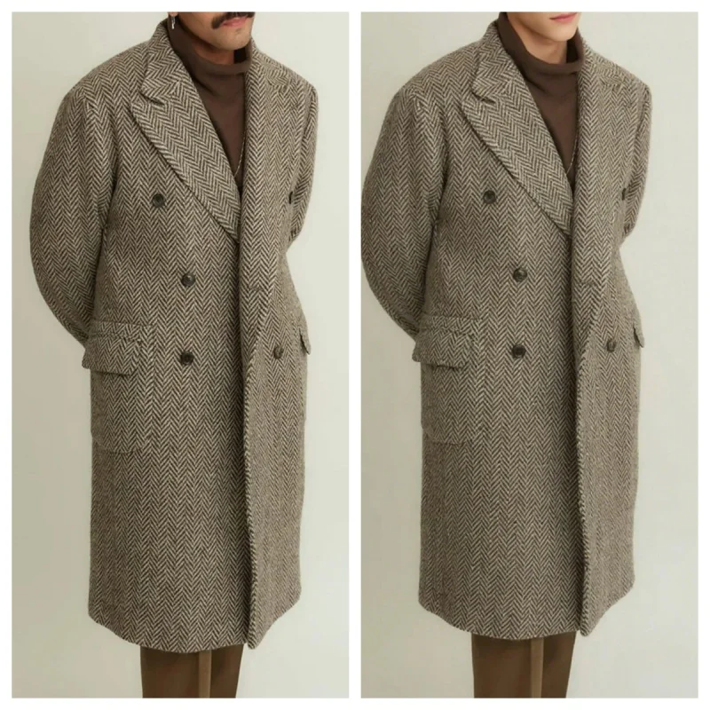 Wollmischung, Fischgrätenmuster-Tweed-Mantel, lange Jacke, Herren-Anzugjacke, dick, breites Revers, zweireihig, Hochzeitsbankett, Partykleidung