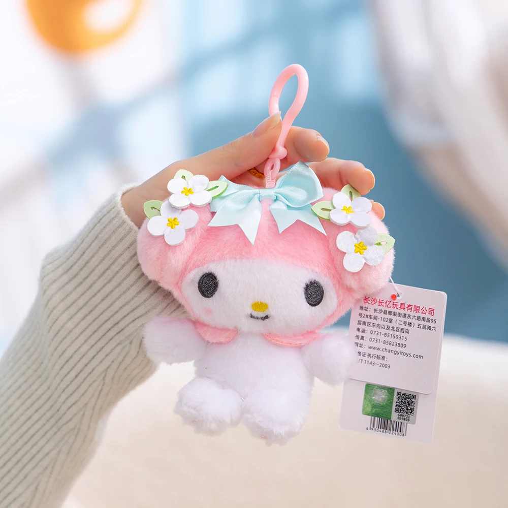 Sanrio Kawaii flor melodía Hellokitty Cinnamoroll Pachacco Purin Kuromi llaveros de felpa niñas bolsa teléfono coche llaveros de felpa