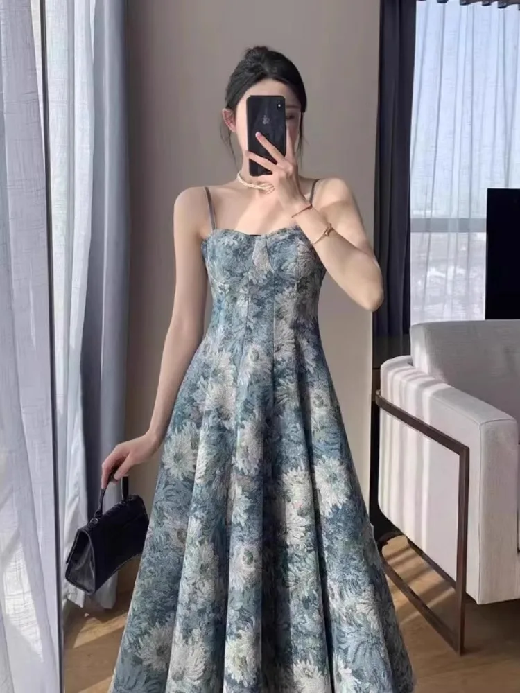 Retro Oil Painting Style Floral Print Strap Dress Women's Summer High-End Sensation Open Cardigan Set Waist-Cinching Vacation...