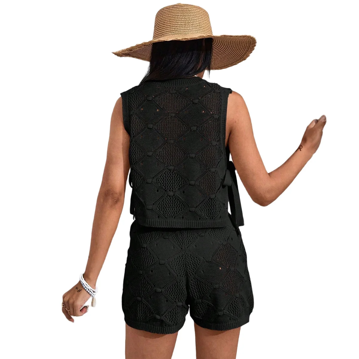 2-teiliges Häkel-Outfit für Damen, aushöhlen, gestrickt, ärmellos, Badeanzug, Überzug, lässiges Oberteil, Shorts-Set, Strand-Set, Schwarz, L