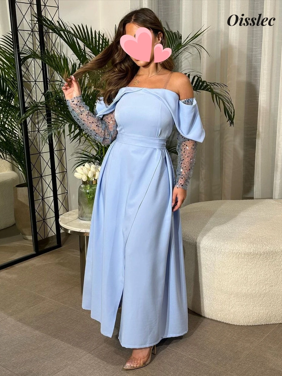 

Oisslec Dress Elegant Vintage Sweet Blue Sequins Sleeves Boat Neck Customize Formal Occasion Prom Dress Evening Party Gowns