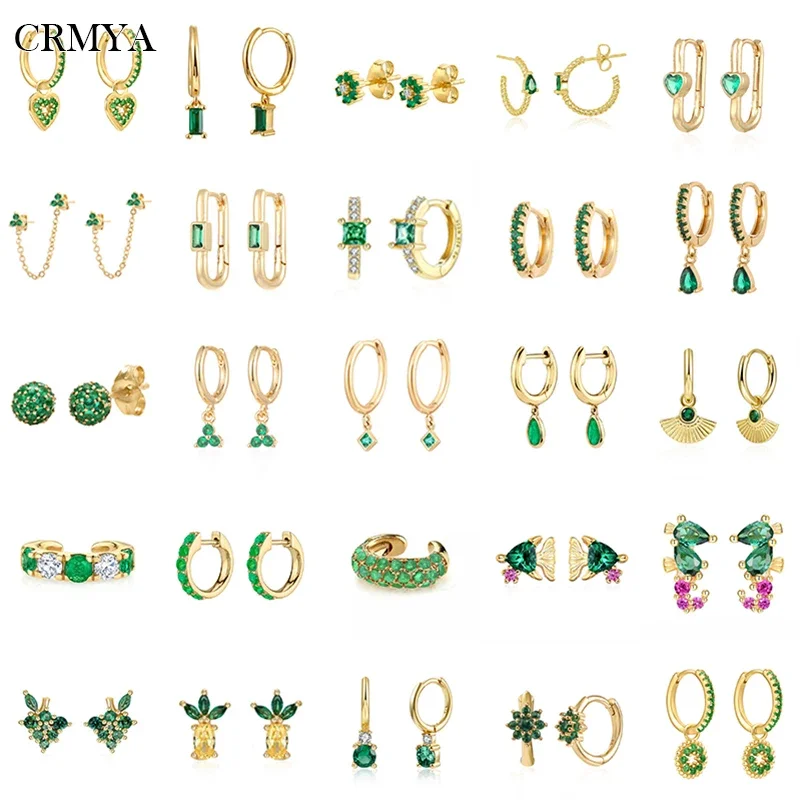 CRMYA Gold color Hoop Stud Drop Clip Earrings For Women Vintage Green Zircon Women\'s Earrings 2022 Jewelry Wholesale