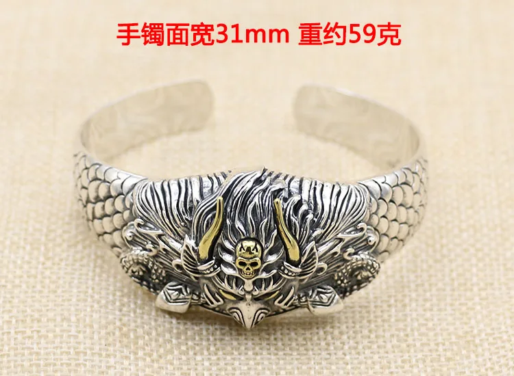 925 Sterling Silver Aggressive Personality Golden Winged Dapeng Open Large Wide Face Bracelet Thai Silver Bracelet Punk Fashion