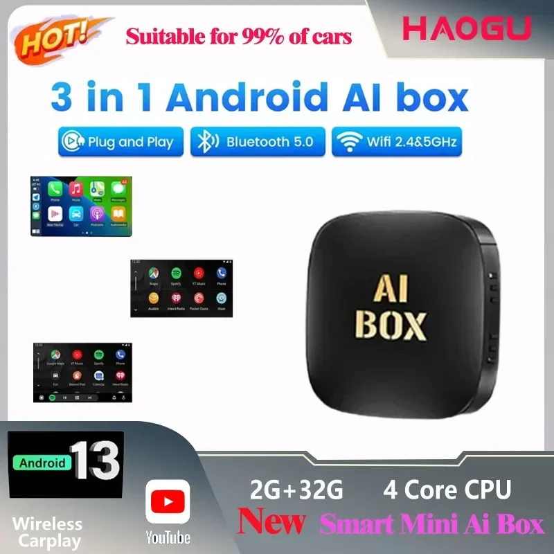 2024 New style Smart Ai Box Android 13  Android Wireless CarPlay Android Car Adapter for YouTube for Netflix smart Brain power