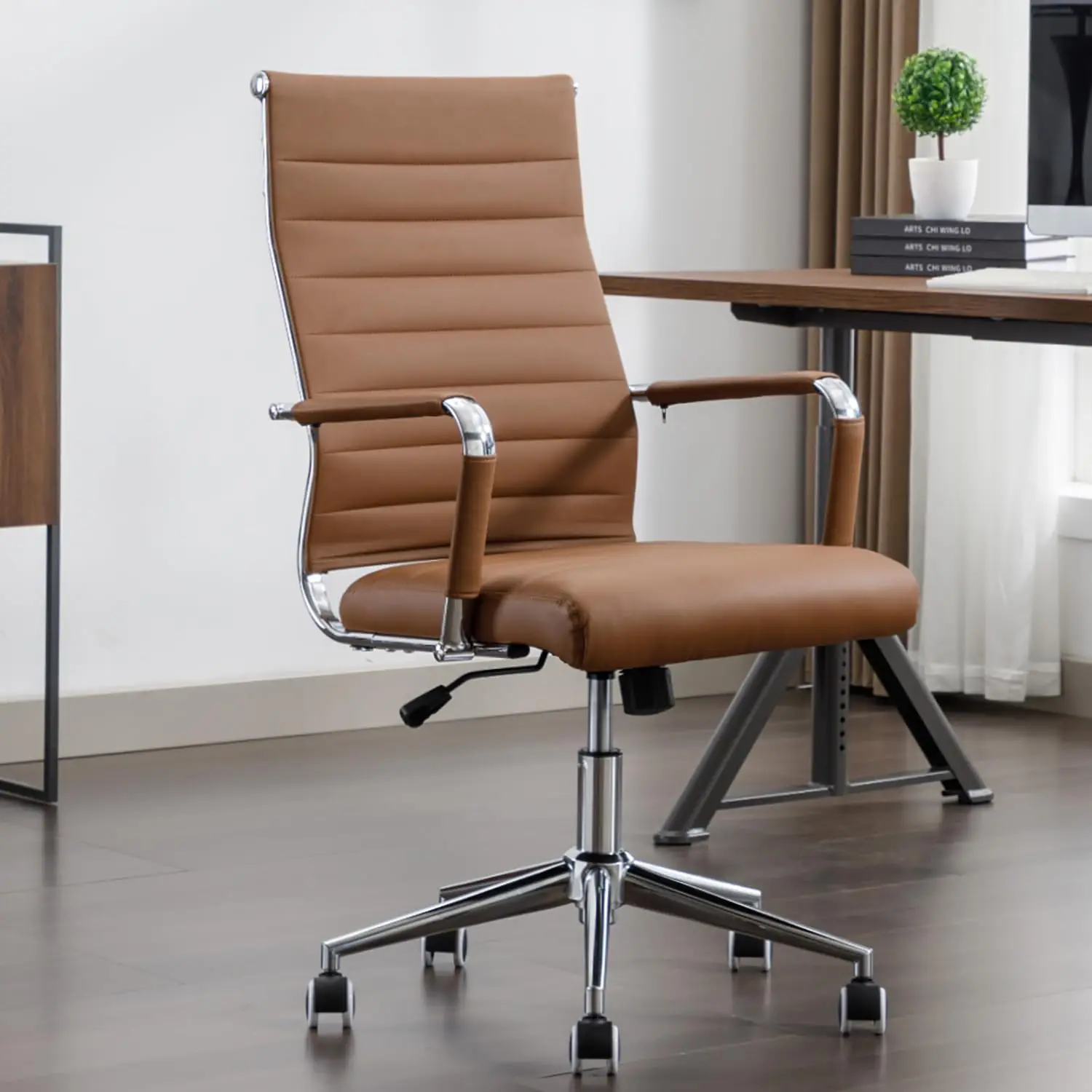 High Back Ergonomic Leather Office Chair With Wheels Swivel Rolling Ribbed Computer Conference Executive Chair, Customized