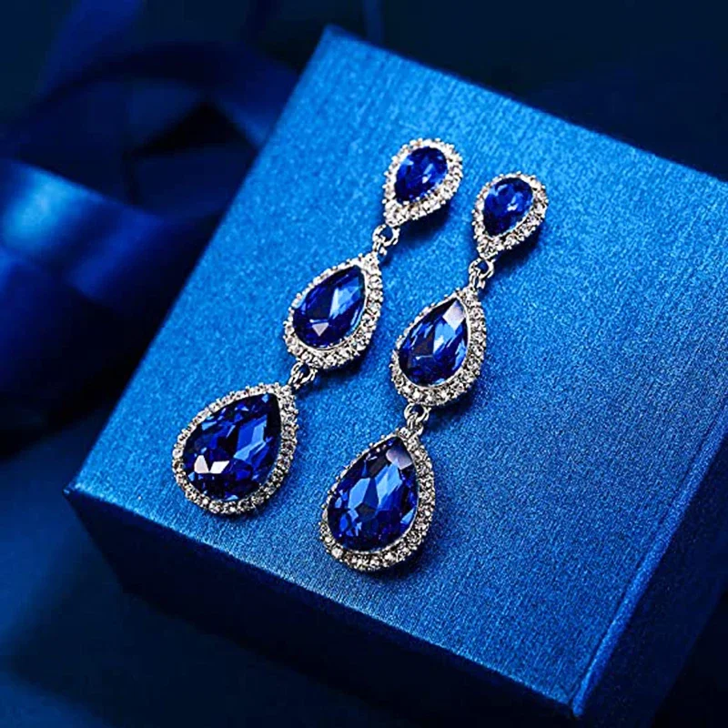 2024  Black/Blue Pear Cubic Zirconia Long Hanging Earrings for Women Temperament Lady's Ear Accessories New Trendy Jewelry Bulk