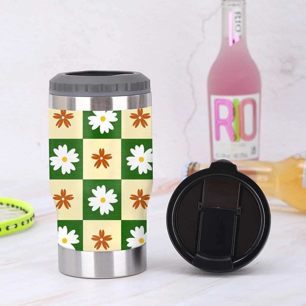 

Checkered Flower Pattern Vacuum Flasks Multi-Function Stainless Steel Can Cooler Insulated Double Wall Vacuum with Two-Way Lid