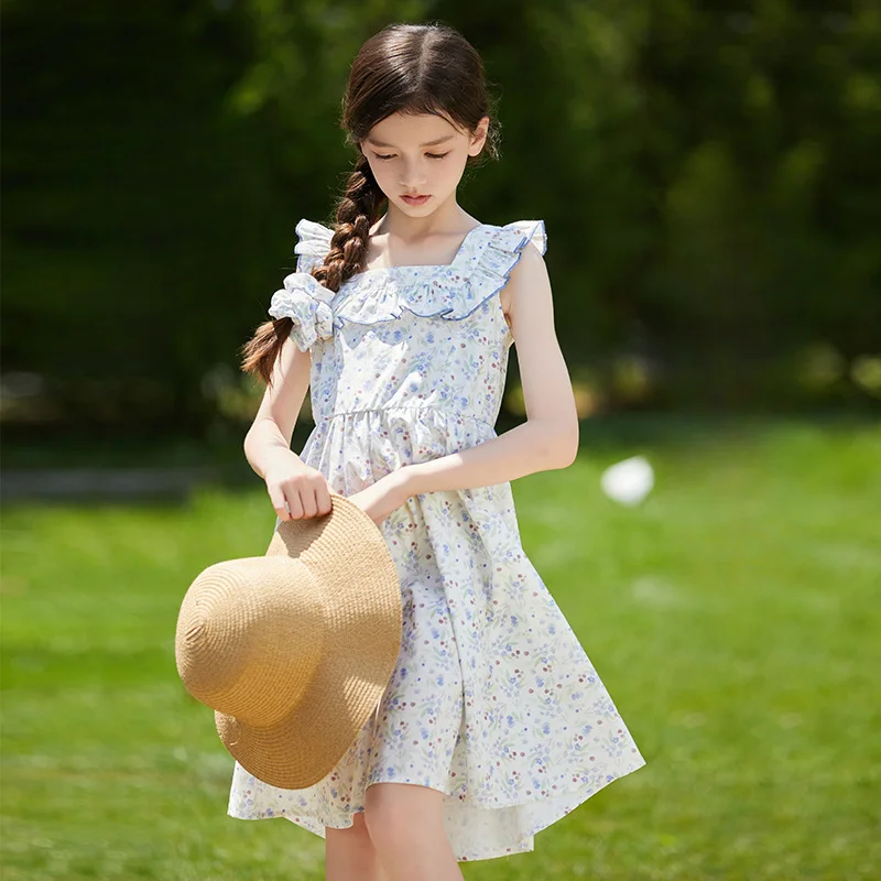 Girls Dress 2024 Summer New Thin Skin-friendly Breathable Pure Cotton Children Floral Princess Dress Simple Casual Skirt