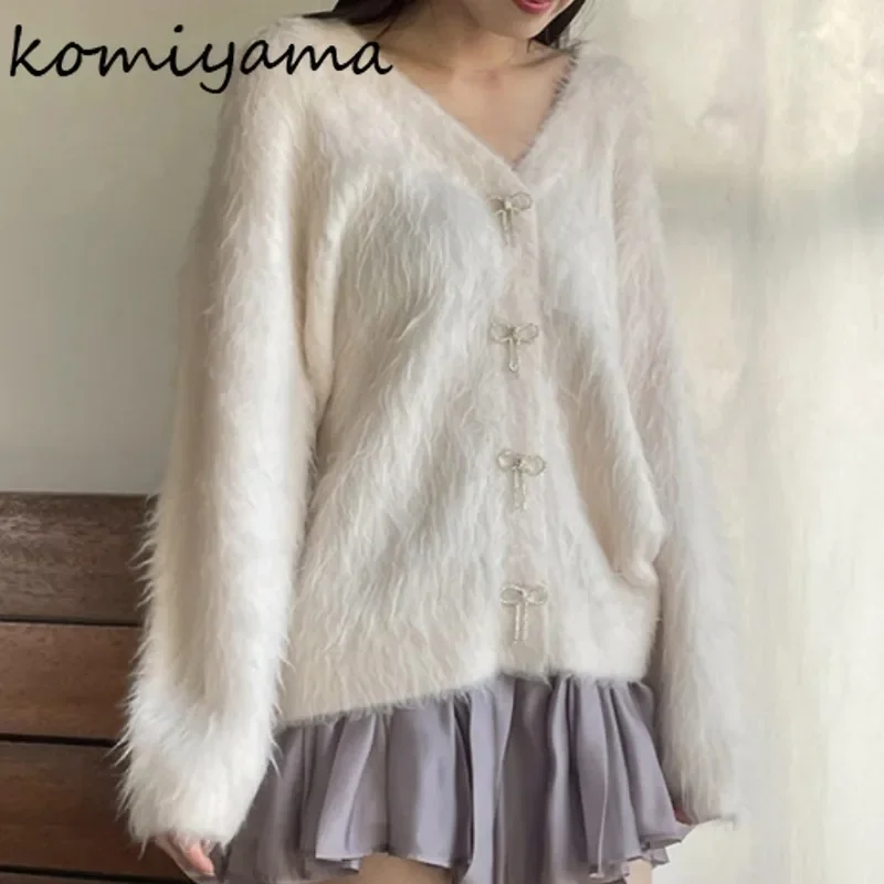 Exquisite Diamanten Bogen Knöpfe 2024 Frau Strickjacke V-ausschnitt langarm outerwears Stricken pullover Strickjacken Japan Neue Ropa Mujer