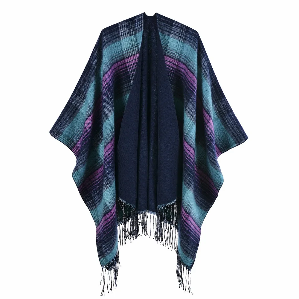 

Autumn Winter Scottish Classic Color Plaid Shawl Cloak Imitation Cashmere Tassel Warm Split Shawl Poncho Capes P8