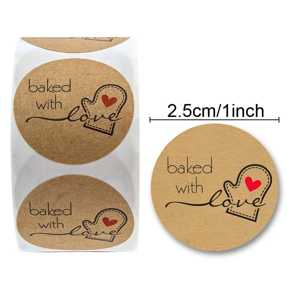 50-500pcs Round Kraft Baked With Love Sticker DIY Scrapbooking Package Hand Made With Love Seal Labels Cute Vintage Stickers