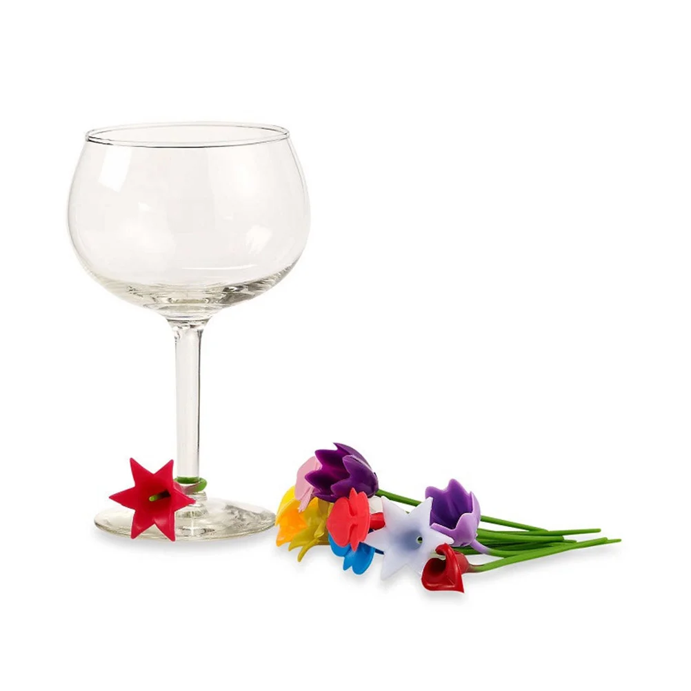 6Pcs Floral Shape Cup Tags Cup Marker Silicone Labels Drink Recognition Tools Labeling Supplies Glass Identifier Kitchen