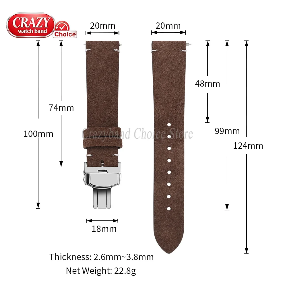 20mm 22mm Suede Leather Watch Strap for Omega for Seiko Brown Universal Vintage Cowhide Band Butterfly Buckle Men Women Bracelet - view 6