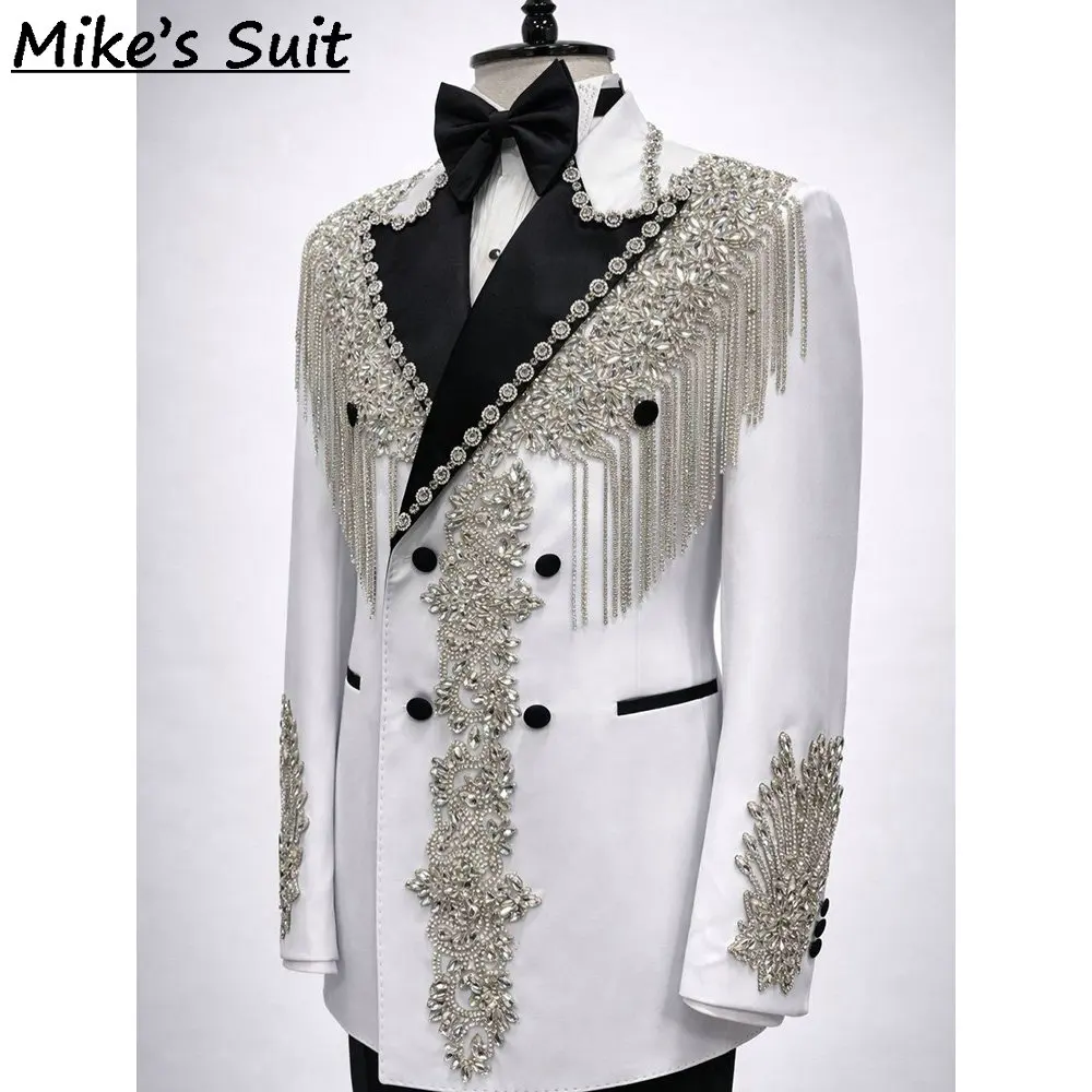 White Luxury Diamonds Beading Tassel 2 Piece Men Suit Set Stylish Business Formal Wedding Groom Wear Full Man Dinner Suits