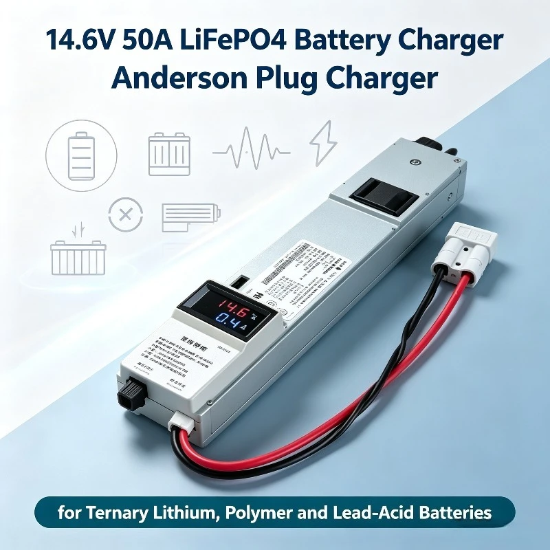 14.6V 50A LiFePO4 Battery Charger, Anderson Plug Charger for Ternary Lithium, Polymer and Lead-Acid Batteries