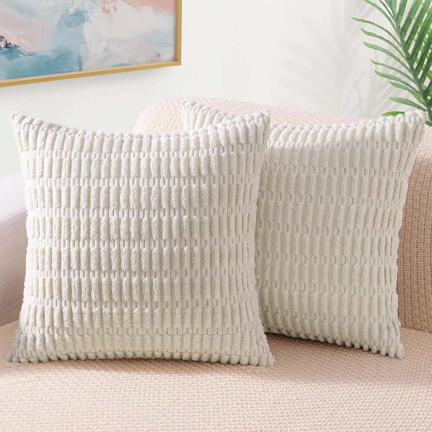 

Cream White Decorative Throw Pillow Covers 24X24 Set Of 2, Soft Corduroy Striped Square Pillow Covers For Couch Living Room Bed