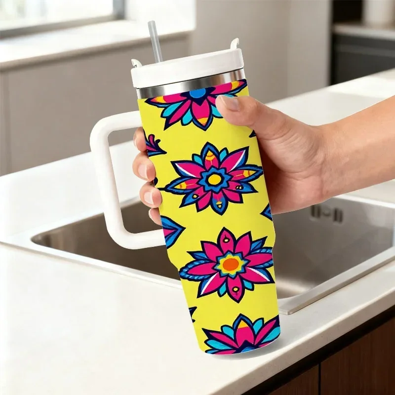 Vibrant Floral Digital Print 40Oz Stainless Steel Insulated Tumbler, Bright Festive Pattern with Bold Colorful Blooms And Leaves, Reusable Drink Cup for Daily Home, Office And Outdoor On-The-Go Use