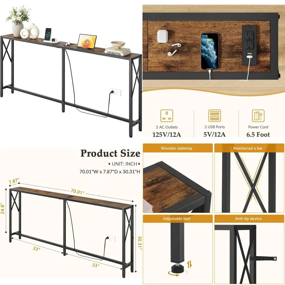 

Narrow Sofa Side Table with Outlets & USB Ports, Rustic Brown for Hallways, Entryways, Living Rooms, and Bedrooms
