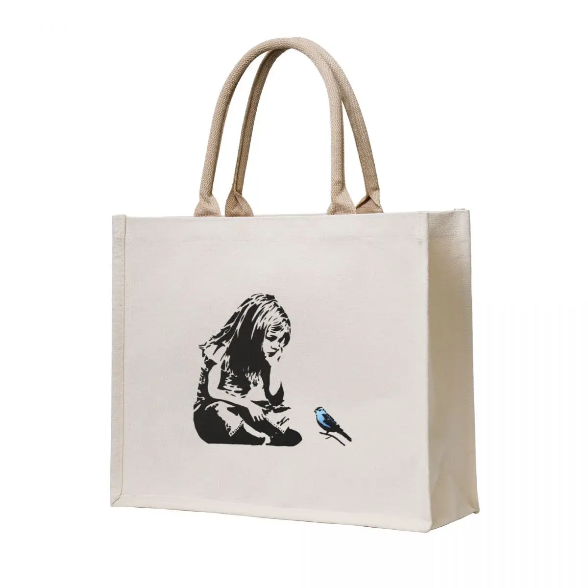 

Banksy Canvas Print Girl With Bluebird Tote Bag supermarket folding bag tote bag women custom fabric personalized tote