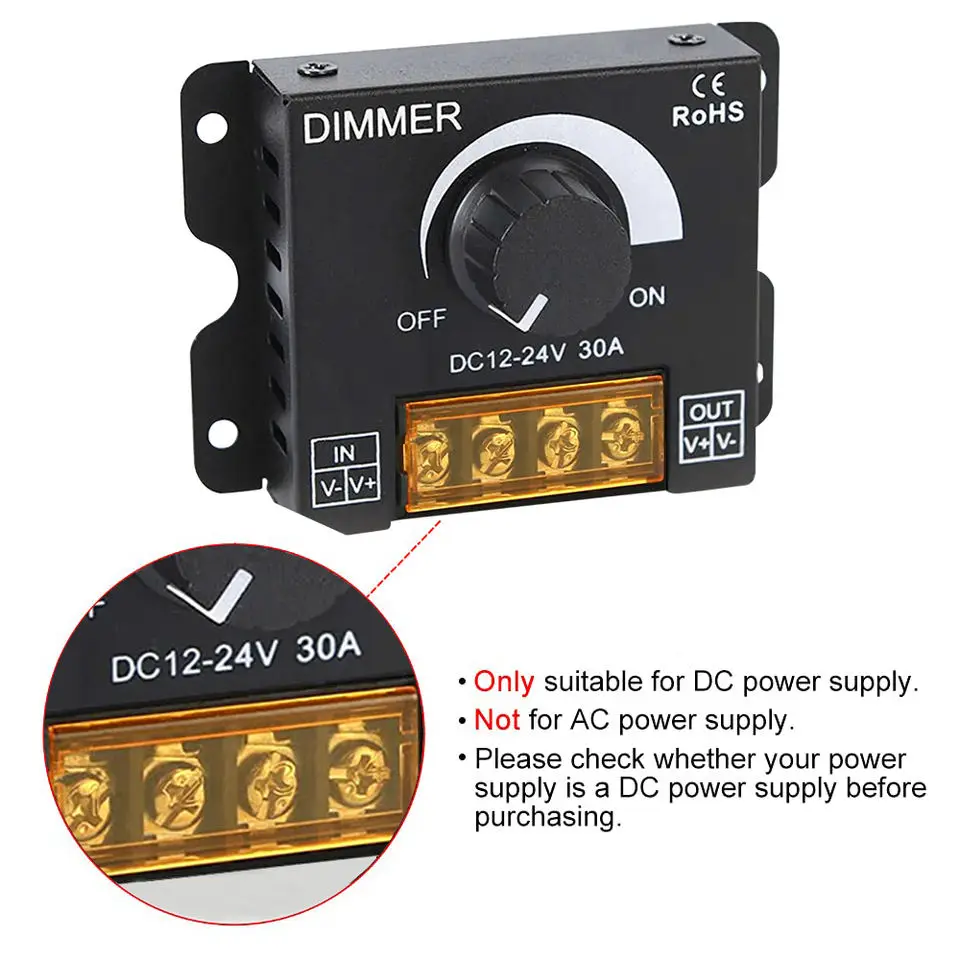 

DC12V-24V LED Dimmer 30A 360W Dimmer Switch Adjustable Brightness Customizable Lamp Strip Light Driver Single Color Controller