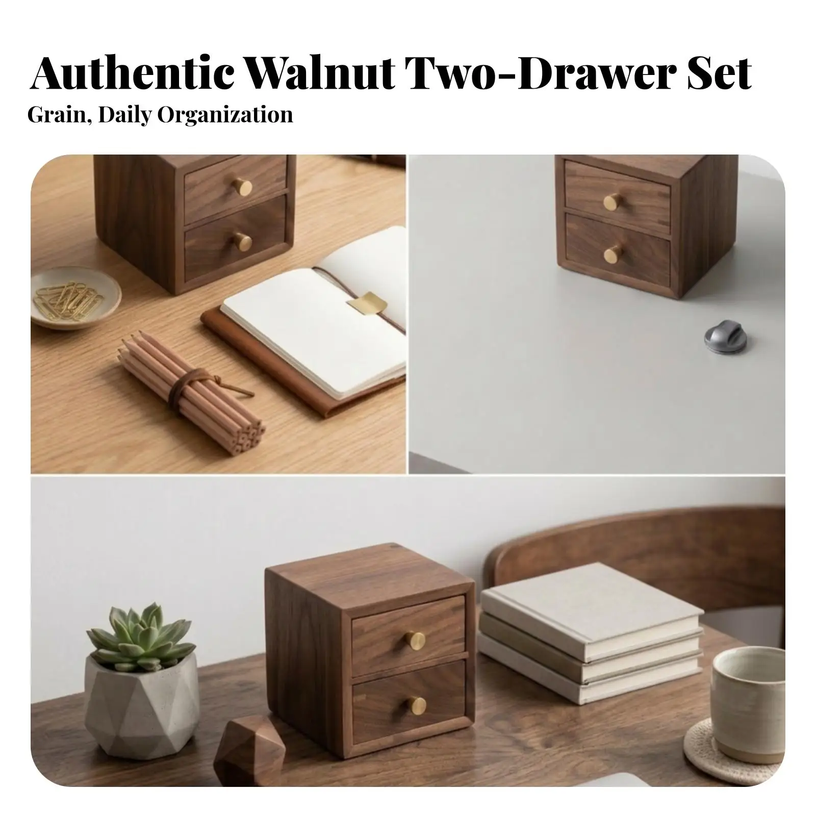 Compact Drawer Storage Organizer for Desk Solid Wood Walnut Finish Office Organization Storage Solution