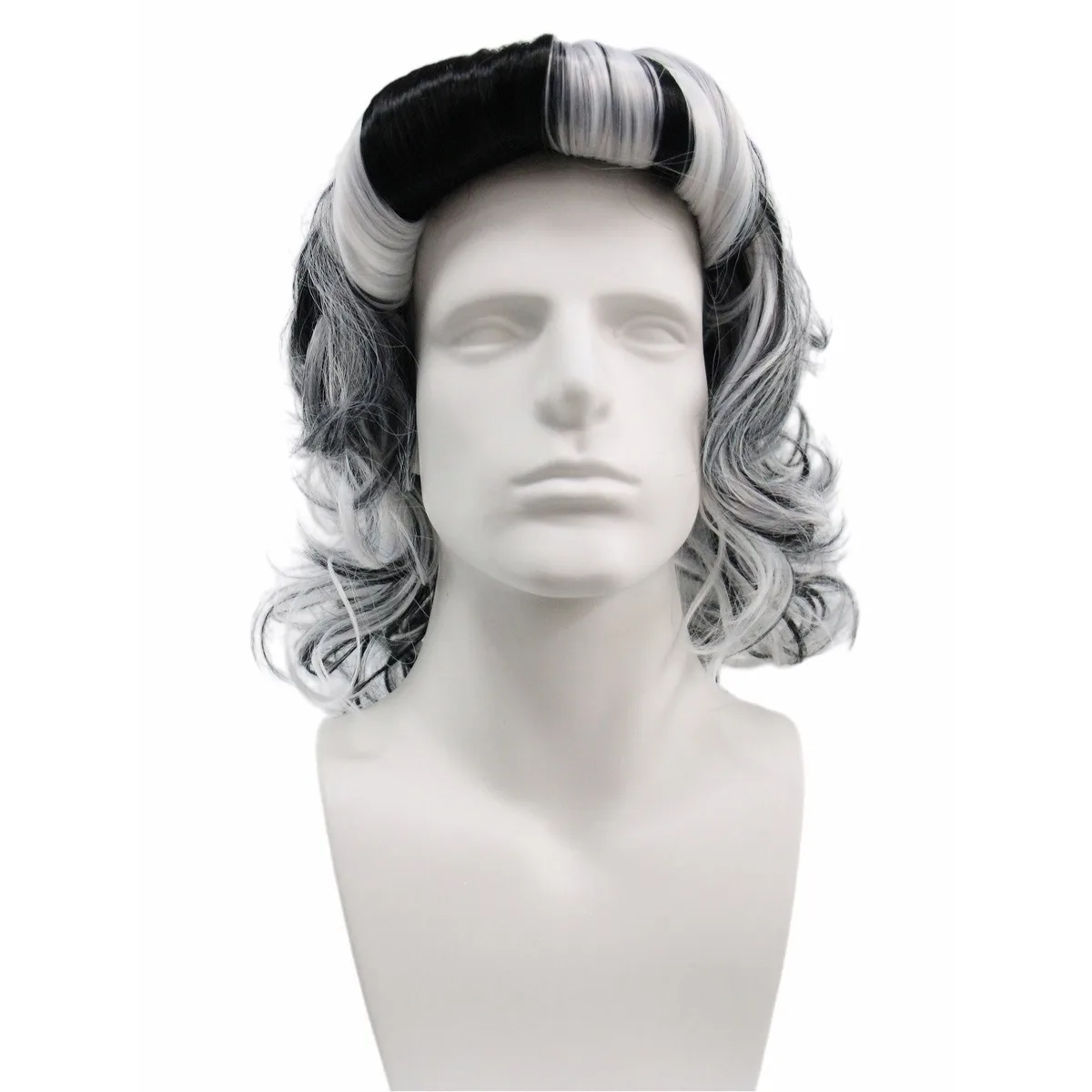 Black White Streaked Curly Wig Synthetic Hair Retro Wave Fringe Men Halloween Horror Movie Cosplay Costume Party Full Wigs